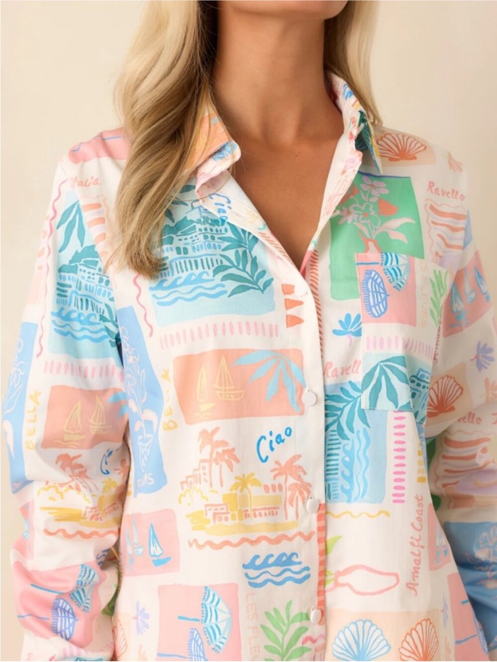 Prosperina Paula Multi Print Cotton Button Front Blouse Top NWT Size Large - Picture 2 of 4